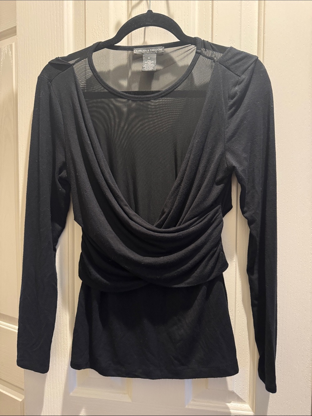 Chelsea & Theodore Black Draped Surplice Long-Sleeve Top